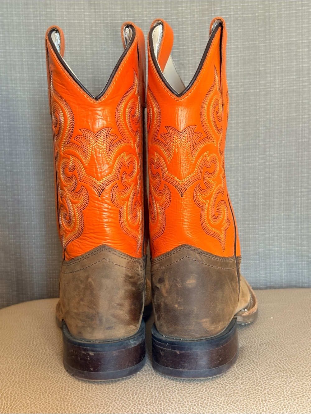 Old West Kids Orange and Brown Six-Row Stitch Western Boots - Picture 7 of 12